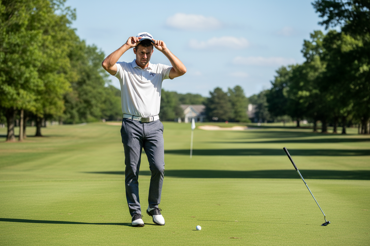 Golfer putting on hat